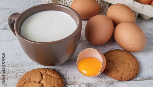 a cup of milk with cookies and eggs on white wooden table.