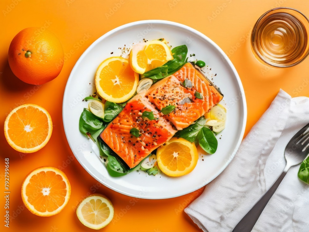 Salad on a white plate with salmon, green leaves and citrus fruits on a orange background. Healthy food for a healthy lifestyle. Bright colors, organic products. Salad on a white plate with salmon, green leaves and citrus fruits on a orange background. Healthy food for a healthy lifestyle. Bright colors, organic products.