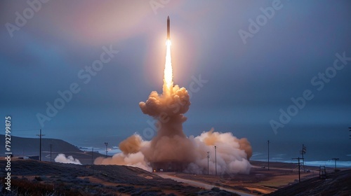 Secret military base launching a hypersonic missile at twilight a scene blending secrecy with raw power