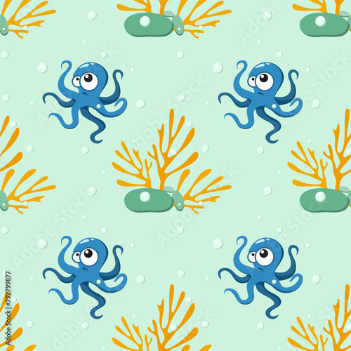 Pattern with octopuses and corals, air bubbles and stones. Cheerful childrens humorous seamless pattern on turquoise background. Vector illustration