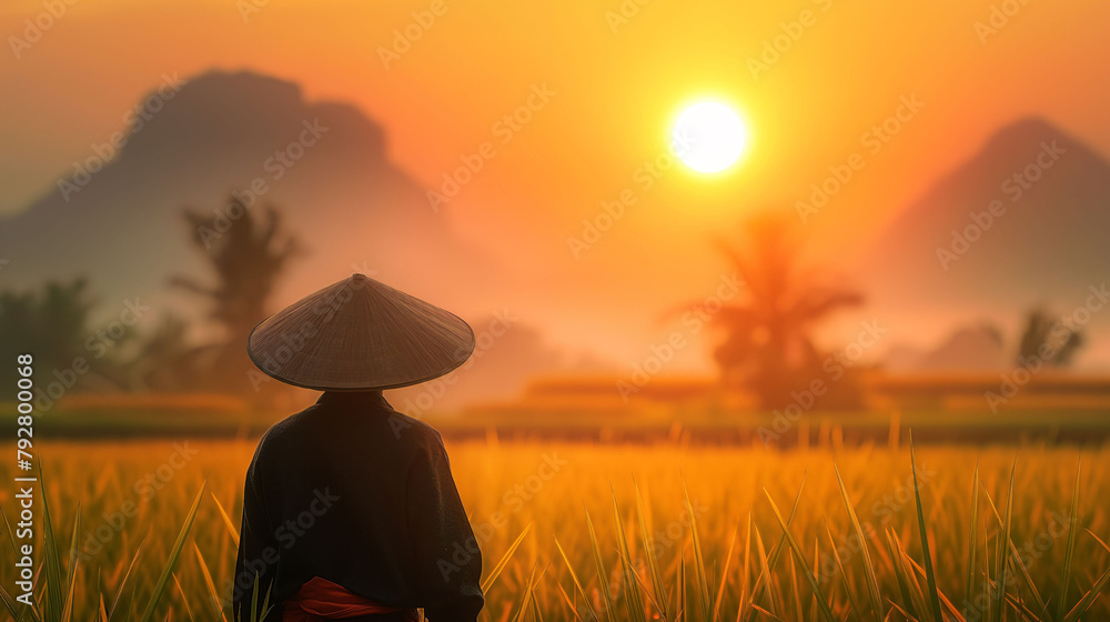 Fototapeta premium Silhouette of Person Standing Alone in Serene Field at Sunset, Vietnam Farmer Silhouette