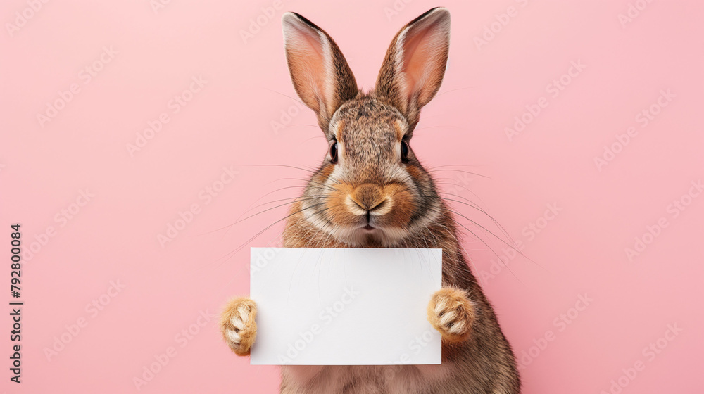 Obraz premium Easter bunny with white sign Board, Bunny holding sing board for advertisement, Discount, sales, offers,