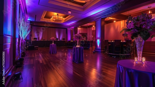 An elegant corporate event venue, with chic decor, mood lighting, and spacious seating arrangements, providing the perfect ambiance for networking, presentations, and celebrations.