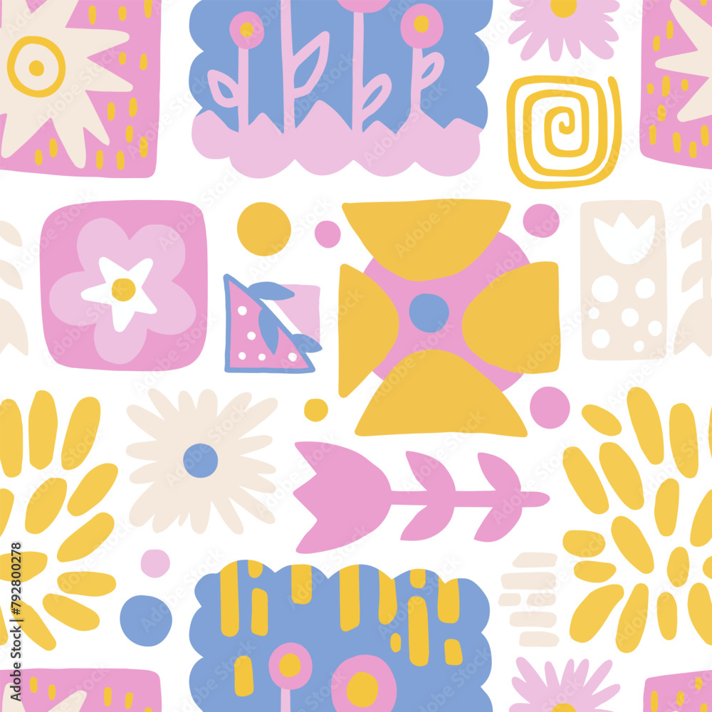 Seamless vector spring element pattern with flowers and geometric shapes. Modern flat style, colorful and cute. Pink, blue and yellow colors. 
