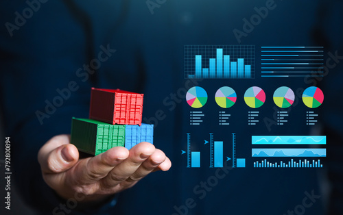 Trade and transportation. The business holds a container with graphs and charts. Transportation of prohibited goods. Border control. International systems for registration of cargo across borders. photo