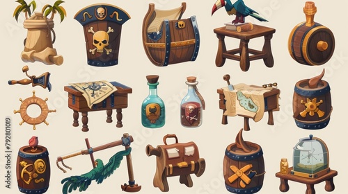 Set of pirate cabin interior objects. Wooden table, old map, treasure chest, parrot and barrel with rum, chair, spyglass and bottle with message, cartoon modern illustration.