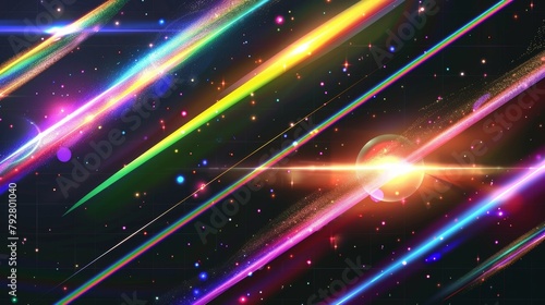 Light is refracting from a prism or diamond, resulting in lens flares. This modern illustration is isolated on black background and features bright rainbow streaks and sparkles.