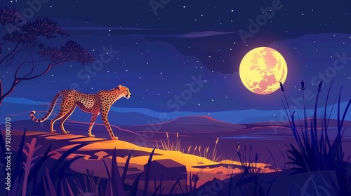The cheetah walking alongside the full moon in the african desert landscape at night. Wild animals with spotted fur patterns. Watchful wildcat cartoon illustration.