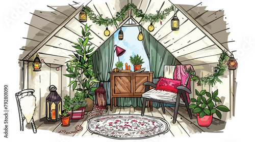 Colored sketch of cozy cabinet mansard or attic room
