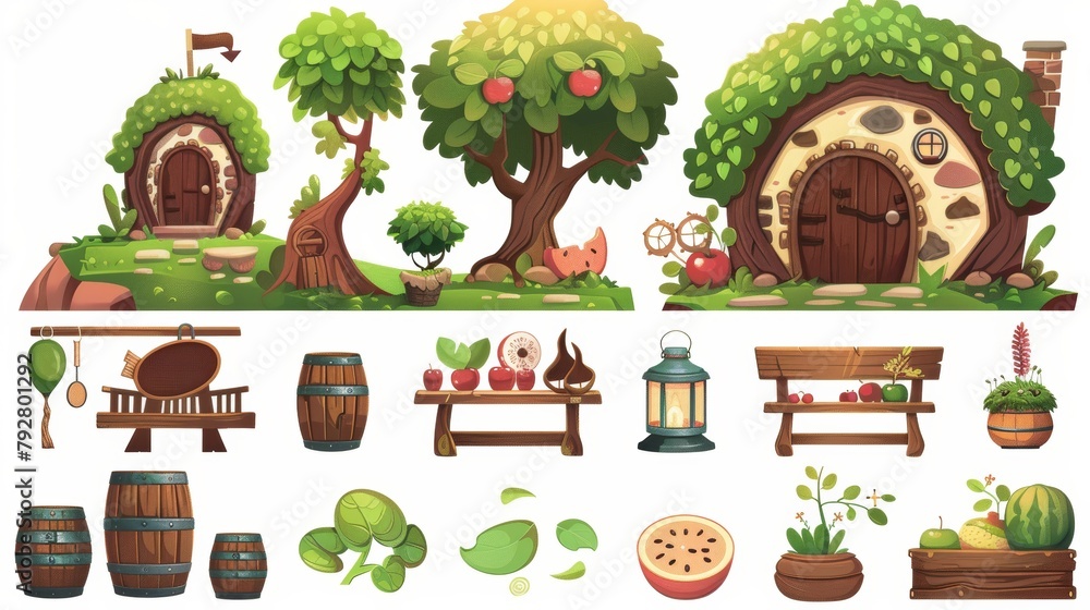 An isolated cartoon house with a dwarf or hobbit in a hillock, a lantern, a trolley with a watermelon and a wooden box with apples, a bench and a potted plant. Features a cartoon fairytale house, a