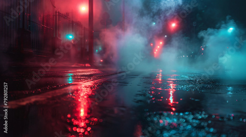 Wet asphalt reflection of neon lights a searchlight  © khan