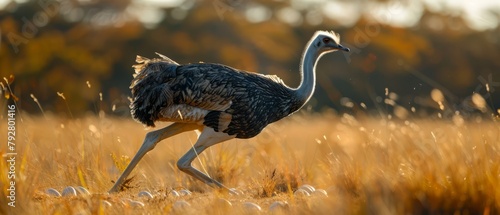 Ostrich sprinting across a field, showcasing large eggs and unique leather products