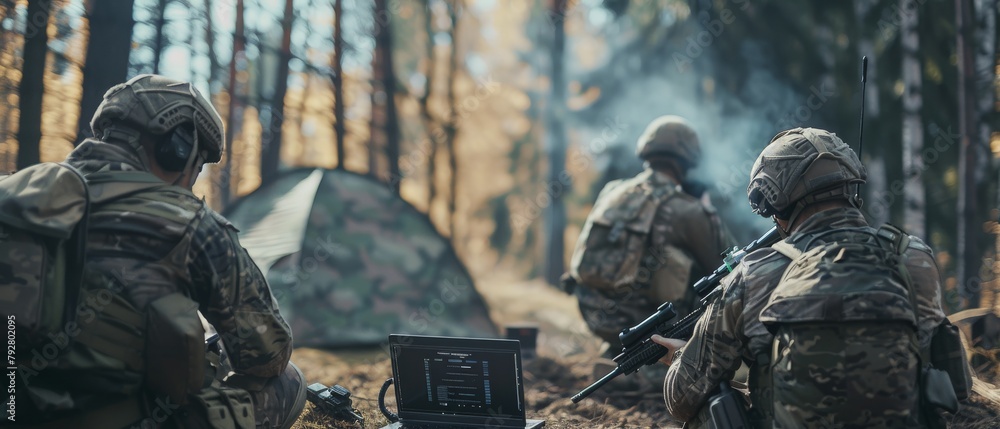 In the background, a camouflaged tent on the forest appears. The ...