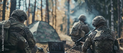 In the background, a camouflaged tent on the forest appears. The soldiers are using military grade laptops to target their enemies with satellites. photo