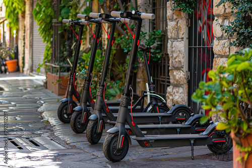 Electric scooters displayed as a transportation option for tourists in renowned urban centers
