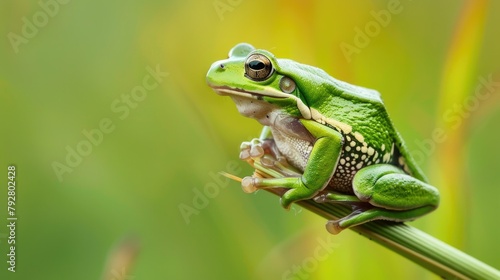 Create a visual representation featuring a European tree frog, Hyla arborea, sitting on a grass straw against a vibrant green backdrop