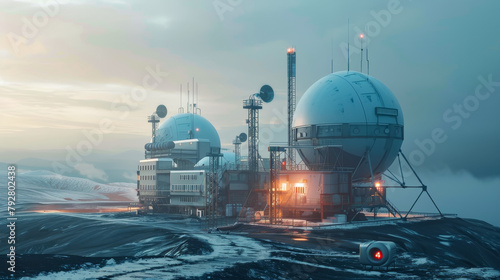 Industrial futuristic arctic base with domes and antennas at dusk, ai generated photo