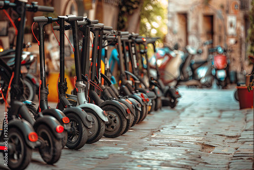 Electric scooters displayed as a transportation option for tourists in renowned urban centers