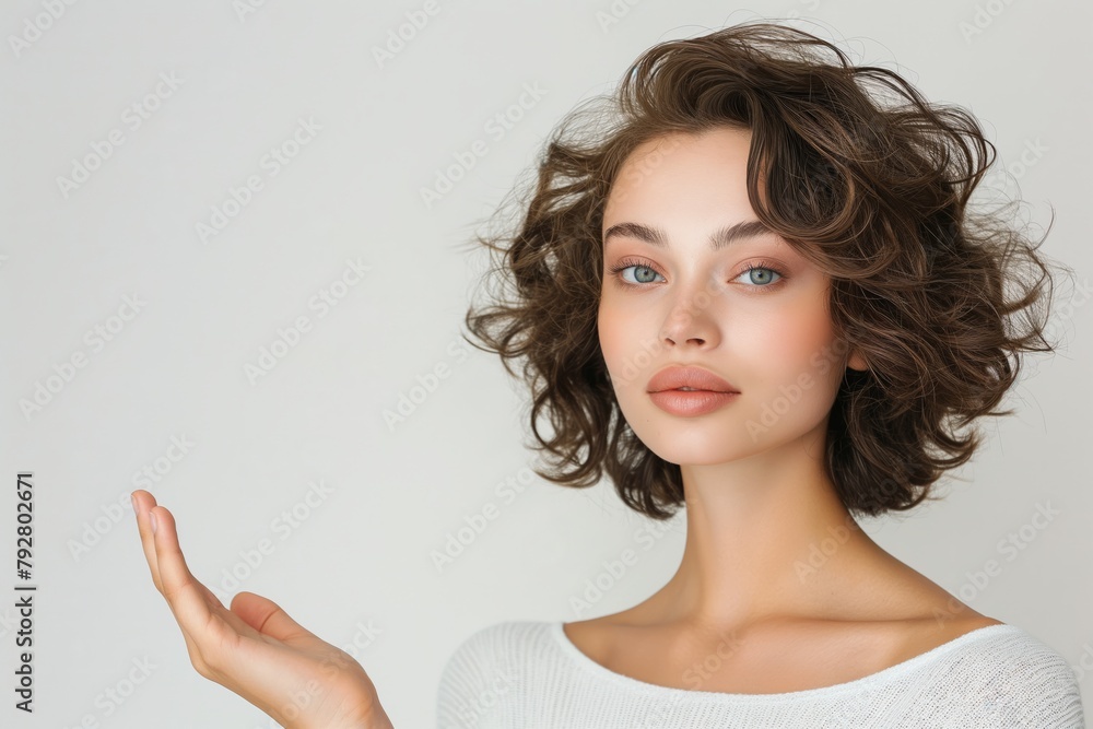 Woman Presenting with Elegant Hand Gesture in Casual White Top Woman Presenting with Elegant Hand Gesture in Casual White Top