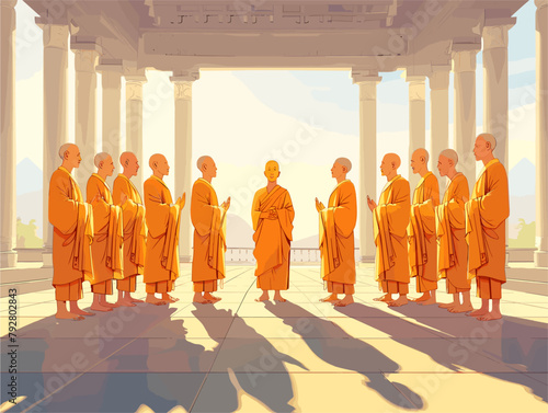 Serene Chant: Animated Illustration of Monks in Saffron Robes Echoing Mantras in a Temple