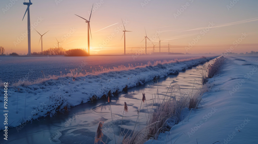 Wind turbines in a field in the Netherlands during sunset