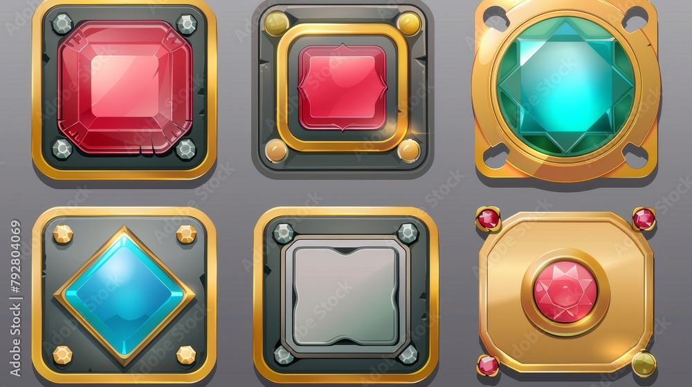 UI medieval style red square buttons with a gold border and gemstones ...