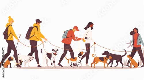 Hand drawn modern illustration of dog trainers with puppies, walking them with leashes, playing with balls and sticks, and teaching obedience to them.
