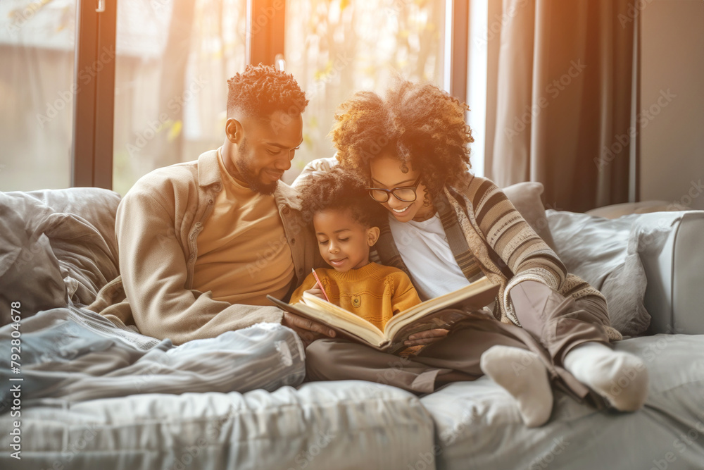 Fototapeta premium Family enjoying a book together on a cozy sofa.