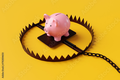 Foto Pink piggy bank in a bear trap on yellow background