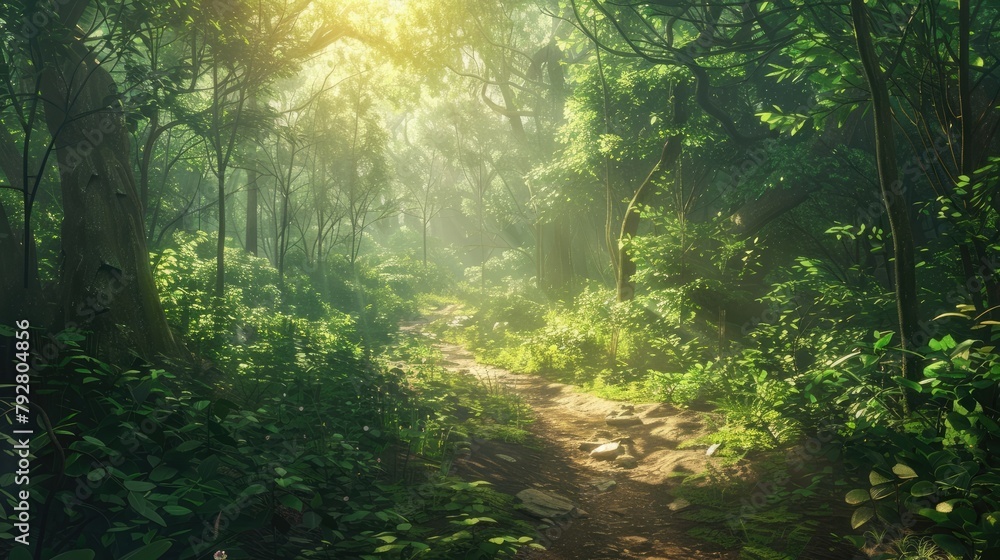 A tranquil forest trail, with sunlight filtering through the canopy and birdsong filling the air as hikers explore the natural beauty of the wilderness.