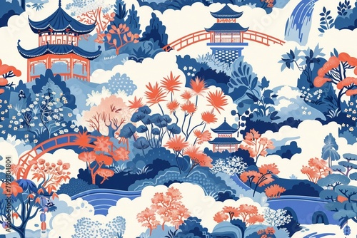 Seamless, intricate Noisery Chinese patterns with pagodas and bridges contrast with the tranquil landscape.