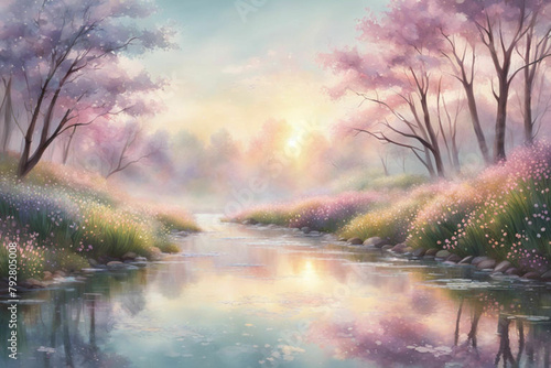 A beautiful scene of nataure, clouds, trees, sun, fog, Water canal, flowers, fields. Can be used commercially.