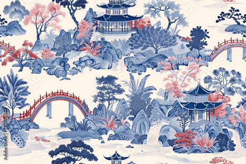 Seamless, intricate Noisery Chinese patterns with pagodas and bridges contrast with the tranquil landscape.