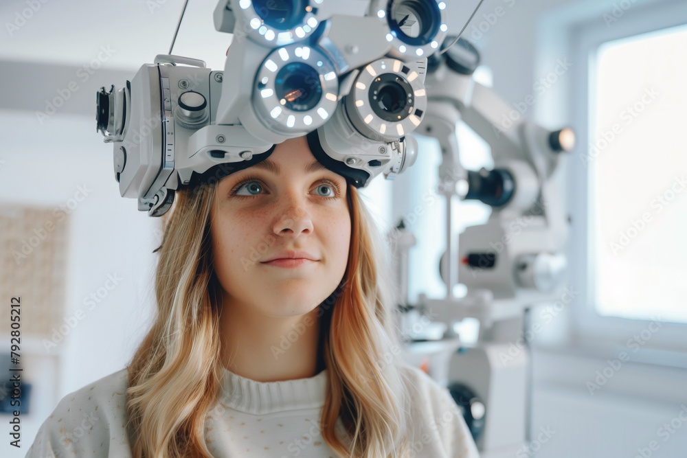 Teenage girl undergoing an eye examination with a phoropter. Teenage girl undergoing an eye examination with a phoropter.