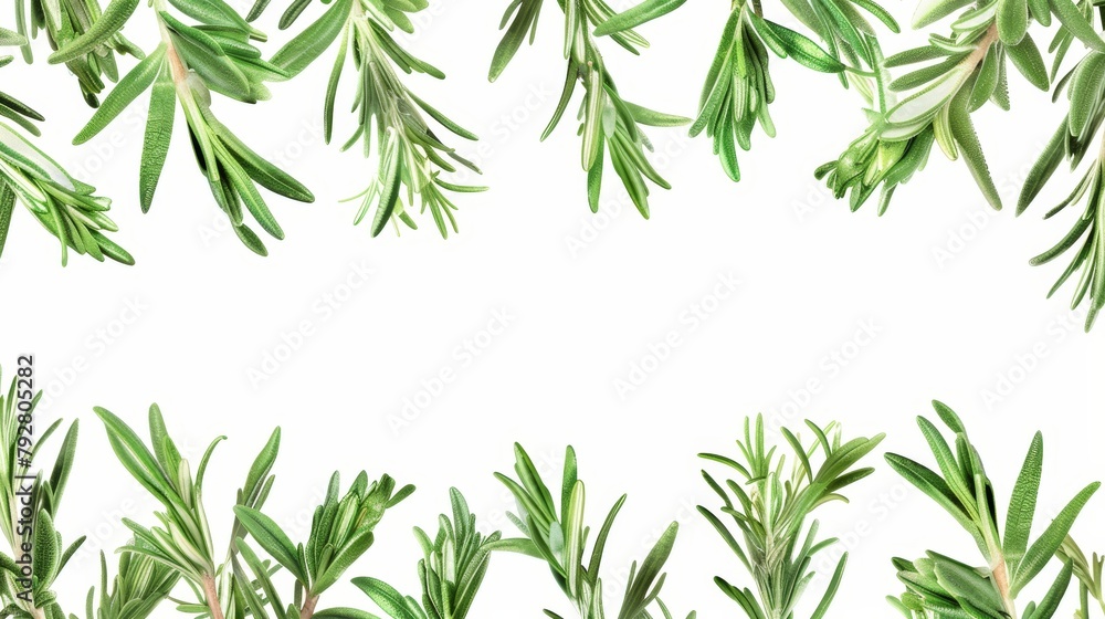 A rosemary banner with a frame with green leaves and an elegant border, isolated on white, suitable for invitations or menu decor for restaurants. A realistic 3D modern illustration of the herb.