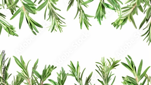 A rosemary banner with a frame with green leaves and an elegant border  isolated on white  suitable for invitations or menu decor for restaurants. A realistic 3D modern illustration of the herb.