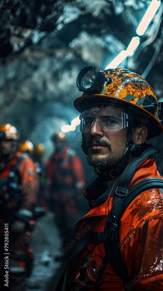 Fototapeta premium Underground Mine Operation Modern Equipment and Workers in Safety Gear Sustainable Extraction