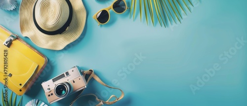 Three-dimensional rendering of flat lay travel accessories on blue background.