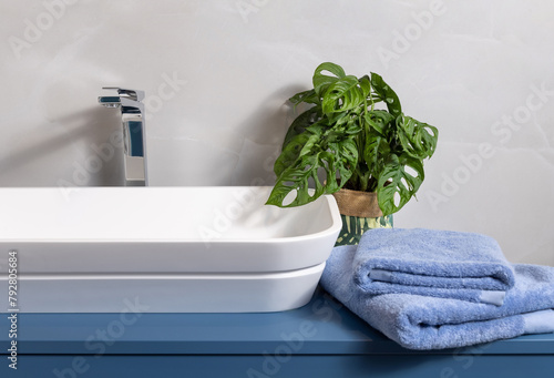 Modern bathroom with blue countertop and white vessel basin near monstera plant close up
