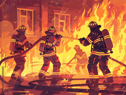 Animated Illustration of Firefighters Fighting a Fierce Blaze: Heroic Rescuers in Action