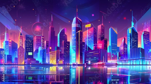 Modern illustration of night megalopolis with skyscrapers  neon signs  alien planets in dark sky with futuristic architecture and colorful illumination.