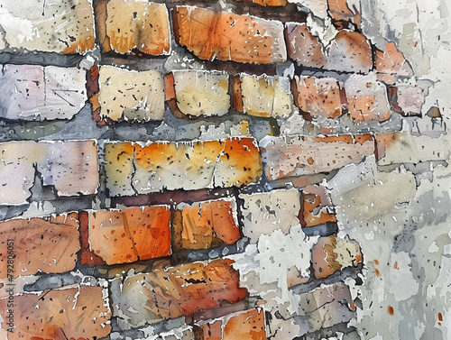 Watercolor pastel brick wall, close view, delicate strokes, light wash, graphic design , hyper realistic