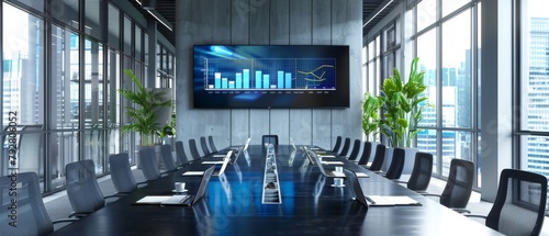 In a modern meeting room with a big conference table adorned with numerous documents and laptops, a big TV shows the company's growth, statistics and pie charts on the wall.