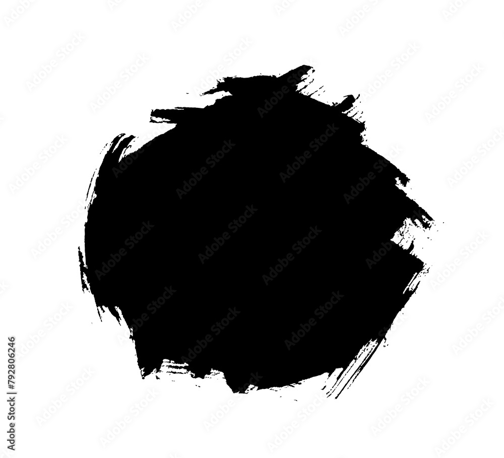 Black grunge round shape, ink brush stroke isolated on white