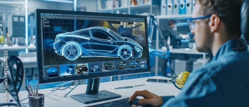The Automotive Engineer works in a bright, modern office on the Personal Computer, perfecting a prototype sketch of the next car model. photo