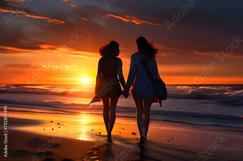 Two lesbian woman walking on beach at sunset.