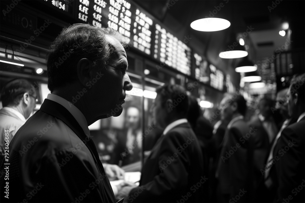 A black and white photo of an old man in the foreground with stock market screens behind him
