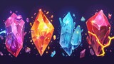 Diamond and jewel crystals. Game icons of gemstones, amethyst, ruby, sapphire, emerald and quartz. Gold crystal in lightning form, modern cartoon illustration.
