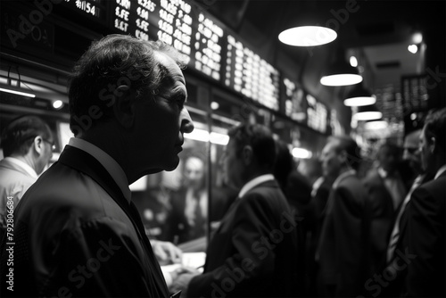A black and white photo of an old man in the foreground with stock market screens behind him