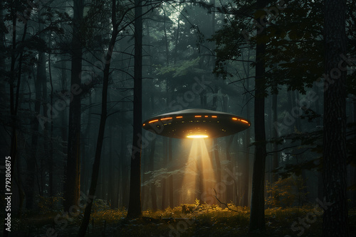 Ufo in the woods with a light beam illuminating the darkness